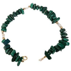 14K Yellow Gold Malachite Rice Pearl Bracelet 7.5" Long, L165